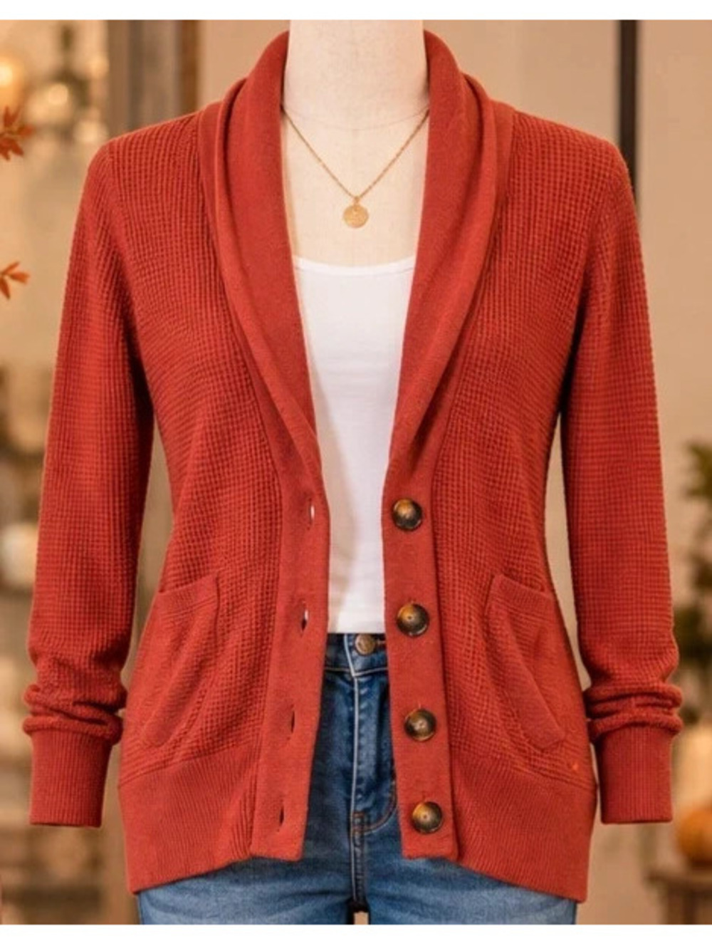 American eagle red orange waffle knit cardigan fall